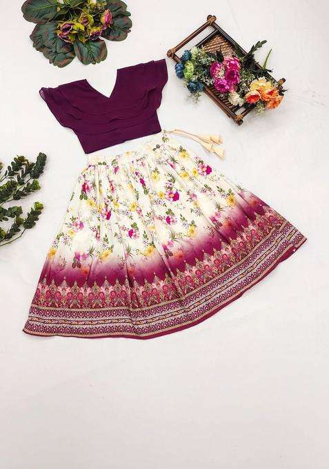 White Solid Cotton Lehenga Set For Girls