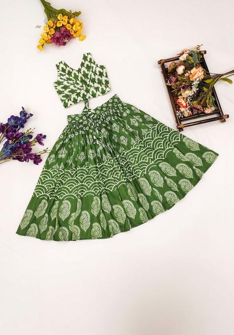 Green Printed Cotton Lehenga Set For Girls — view on Indya