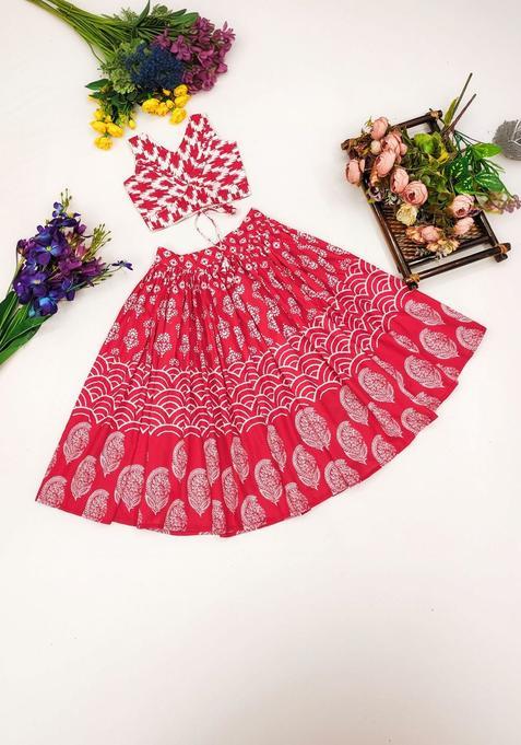 Red Printed Cotton Lehenga Set For Girls — view on Indya