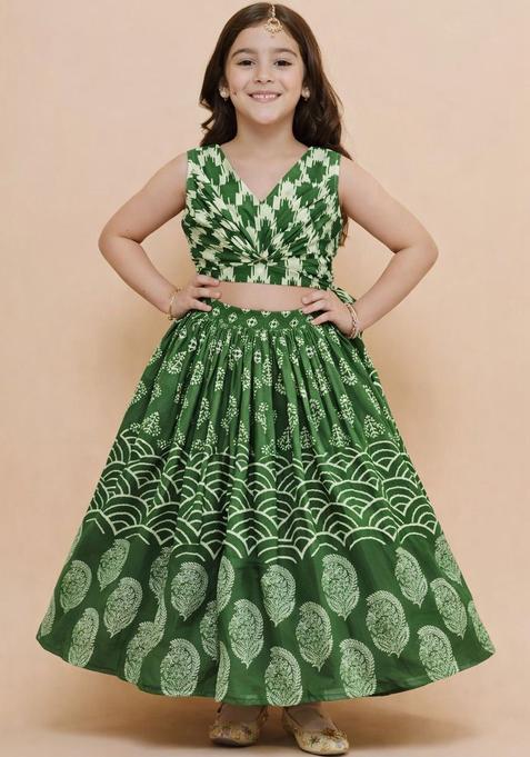 Green Printed Cotton Lehenga Set For Girls — view on Indya