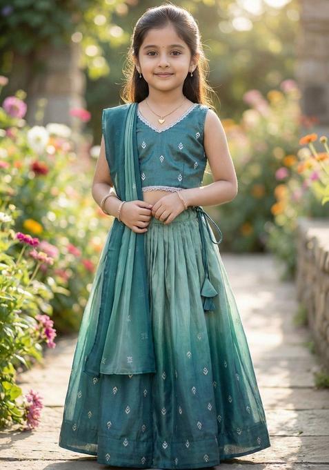Green Printed Silk Lehenga Set For Girls — view on Indya