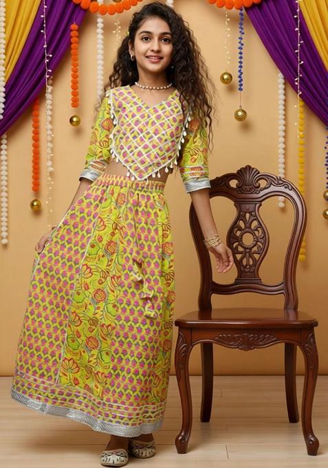 Green Printed Cotton Lehenga Set For Girls — view on Indya