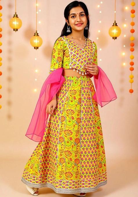 Yellow Printed Cotton Lehenga Set For Girls — view on Indya
