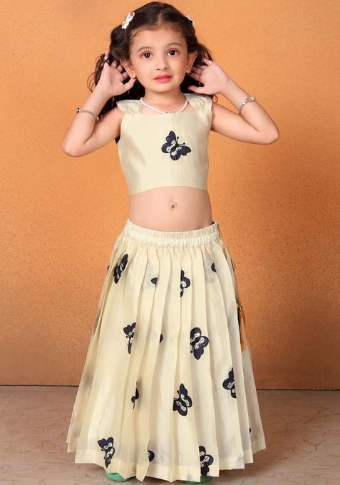 Beige Printed Cotton Lehenga Set For Girls — view on Indya