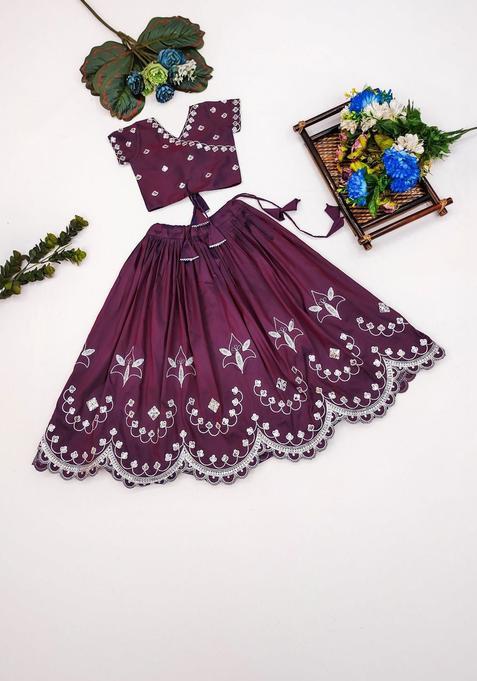 Maroon Embellished Silk Lehenga Set For Girls — view on Indya