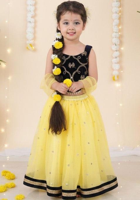 Yellow Embellished Net Lehenga Set For Girls — view on Indya