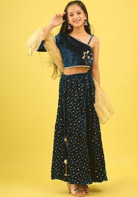 Blue Embellished Polyester Lehenga Set For Girls