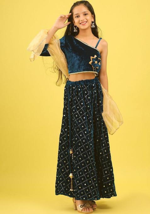 Blue Embellished Polyester Lehenga Set For Girls — view on Indya