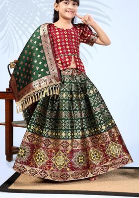 Red Woven Design Silk Lehenga Set For Girls