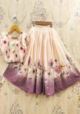 Peach Printed Georgette Lehenga Set For Girls