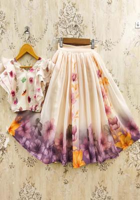 Peach Printed Georgette Lehenga Set For Girls