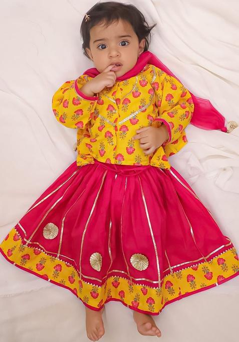 Yellow Printed Cotton Lehenga Set For Girls — view on Indya