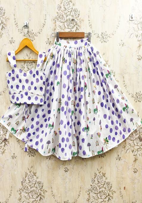 White Printed Cotton Lehenga Set For Girls — view on Indya
