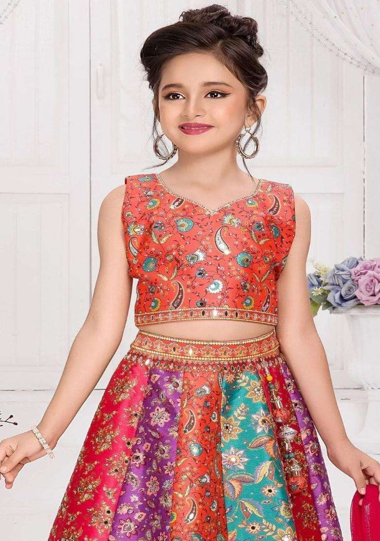 Multi Embroidered Silk Lehenga Set For Girls - Indya