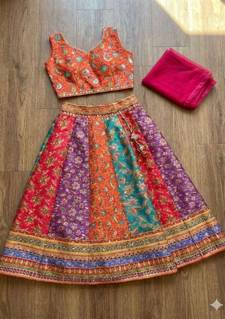 Multi Embroidered Silk Lehenga Set For Girls - Indya