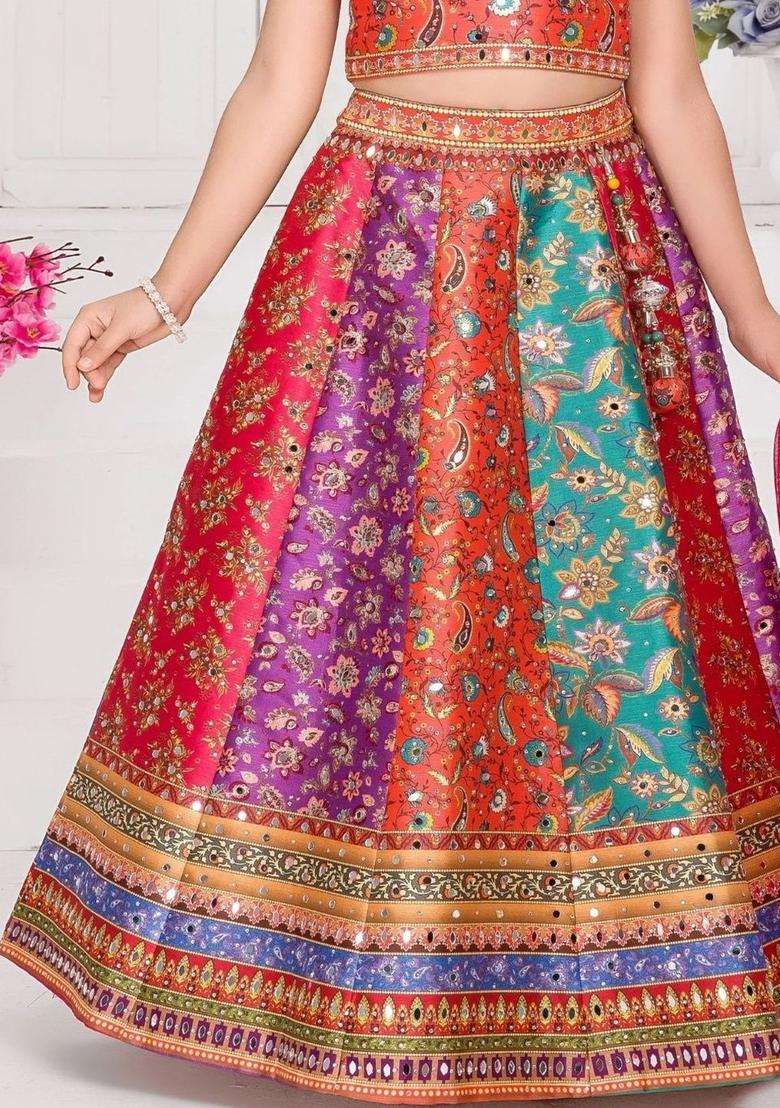 Multi Embroidered Silk Lehenga Set For Girls - Indya