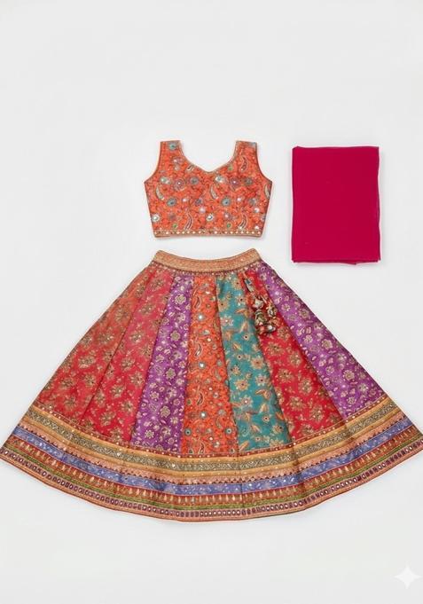 Multi Embroidered Silk Lehenga Set For Girls