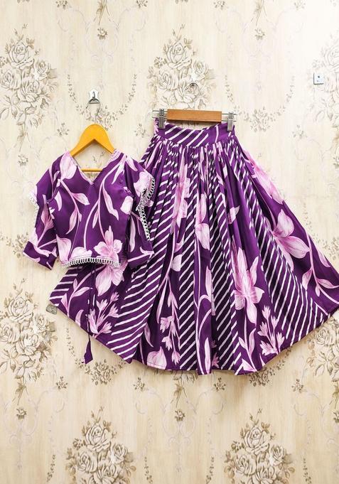 Purple Printed Cotton Lehenga Set For Girls — view on Indya