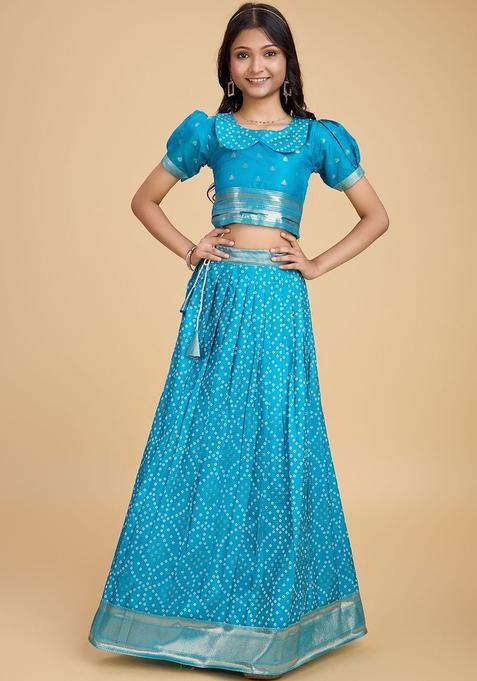 Blue Printed Silk Lehenga Set For Girls — view on Indya