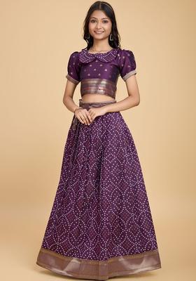 Purple Woven Design Silk Lehenga Set For Girls
