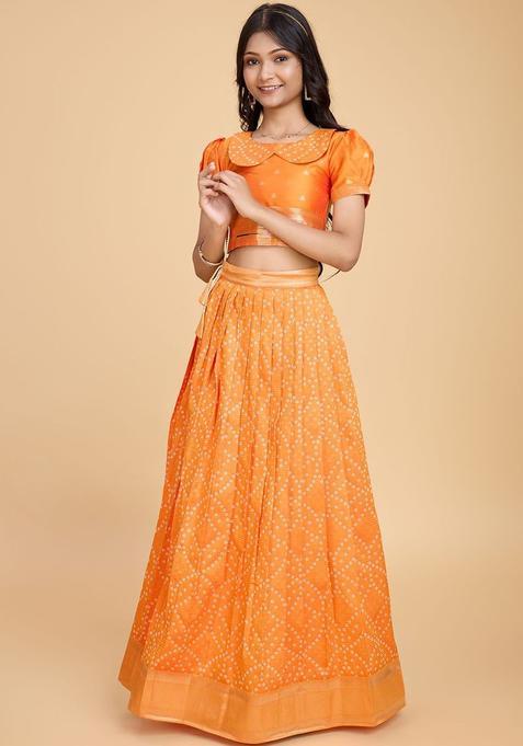 Orange Printed Silk Lehenga Set For Girls — view on Indya
