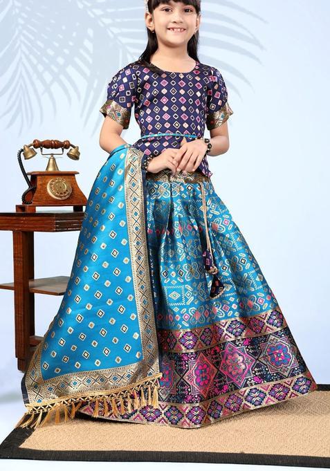 Blue Woven Design Silk Lehenga Set For Girls — view on Indya