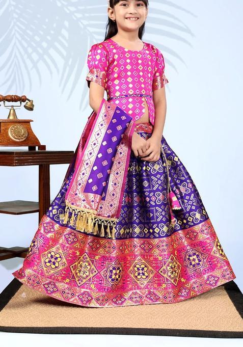 Pink Woven Design Silk Lehenga Set For Girls — view on Indya