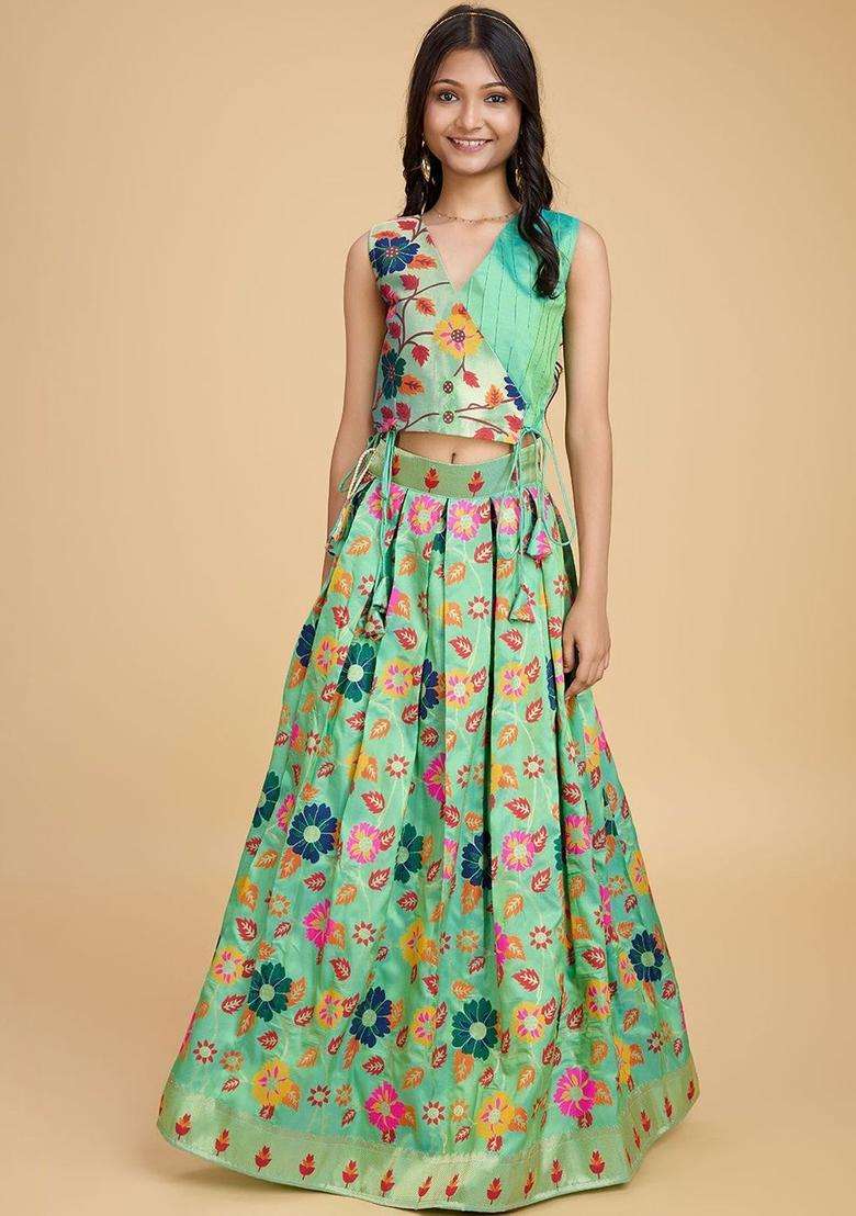 Green Printed Silk Lehenga Set For Girls - Indya