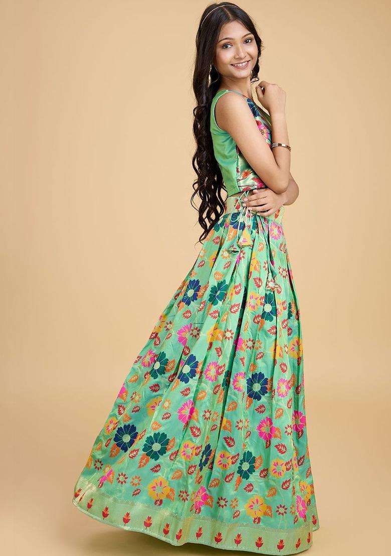 Green Printed Silk Lehenga Set For Girls - Indya