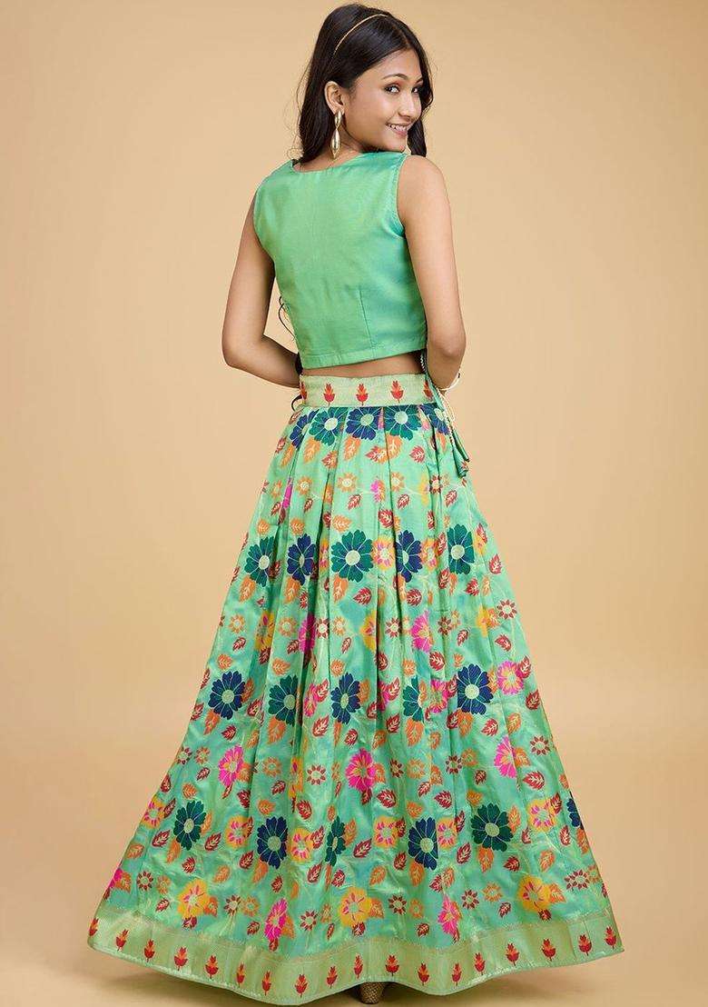 Green Printed Silk Lehenga Set For Girls - Indya