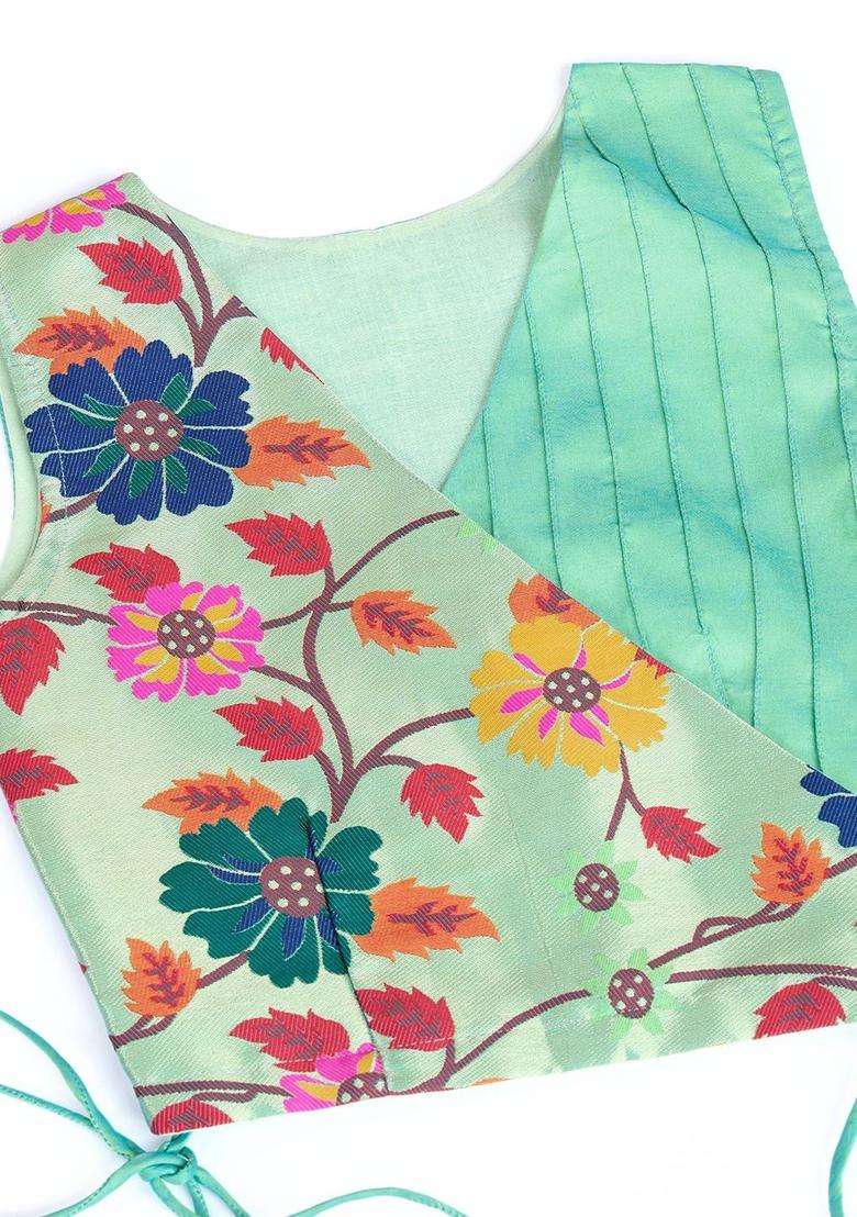 Green Printed Silk Lehenga Set For Girls - Indya