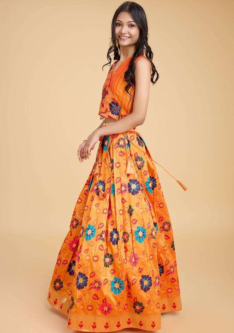 Orange Printed Silk Lehenga Set For Girls - Indya