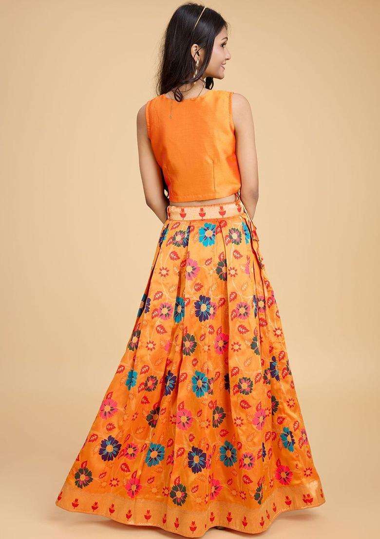 Orange Printed Silk Lehenga Set For Girls - Indya