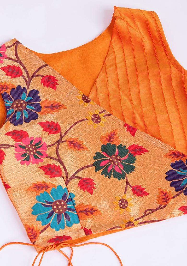 Orange Printed Silk Lehenga Set For Girls - Indya