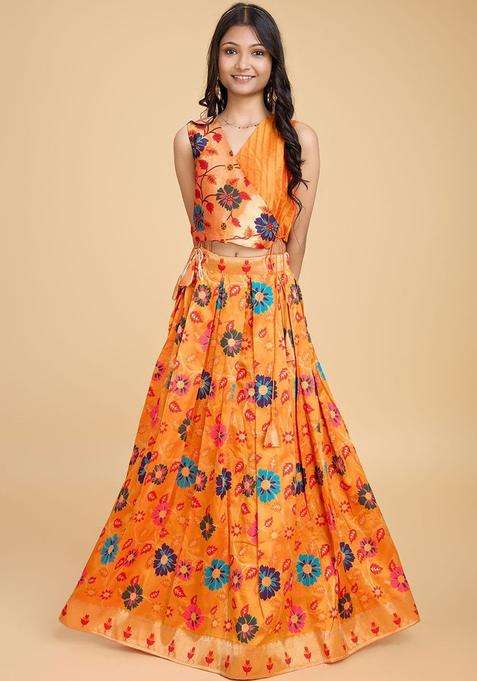 Orange Printed Silk Lehenga Set For Girls