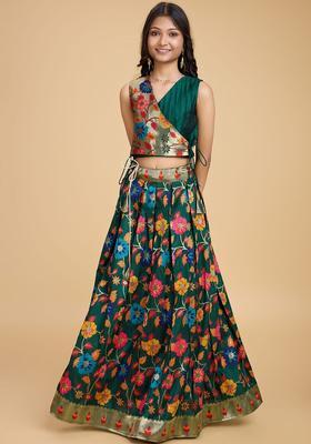 Green Embroidered Silk Lehenga Set For Girls