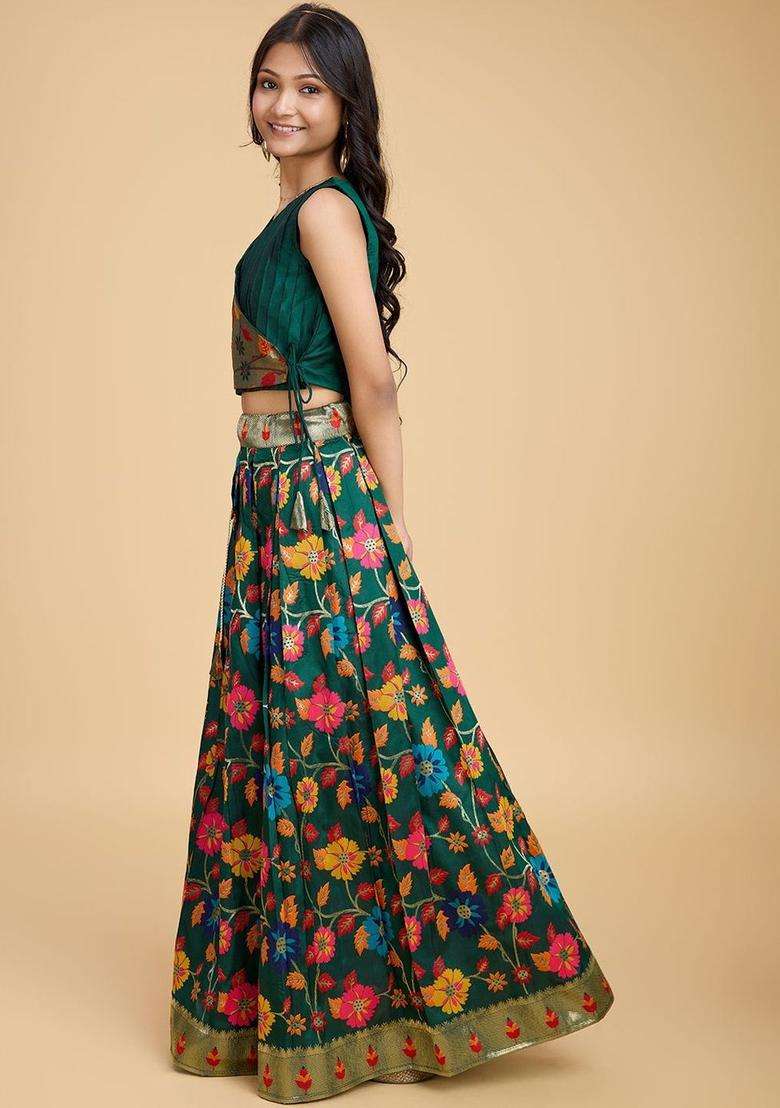 Green Embroidered Silk Lehenga Set For Girls - Indya