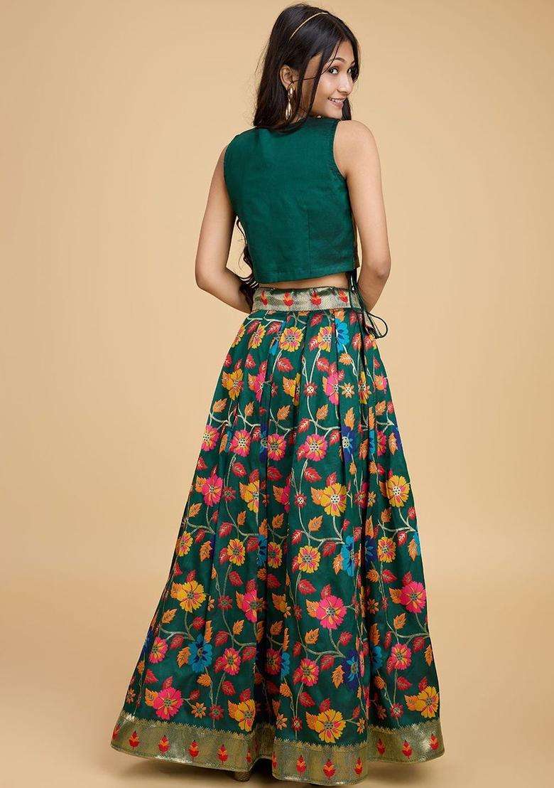 Green Embroidered Silk Lehenga Set For Girls - Indya