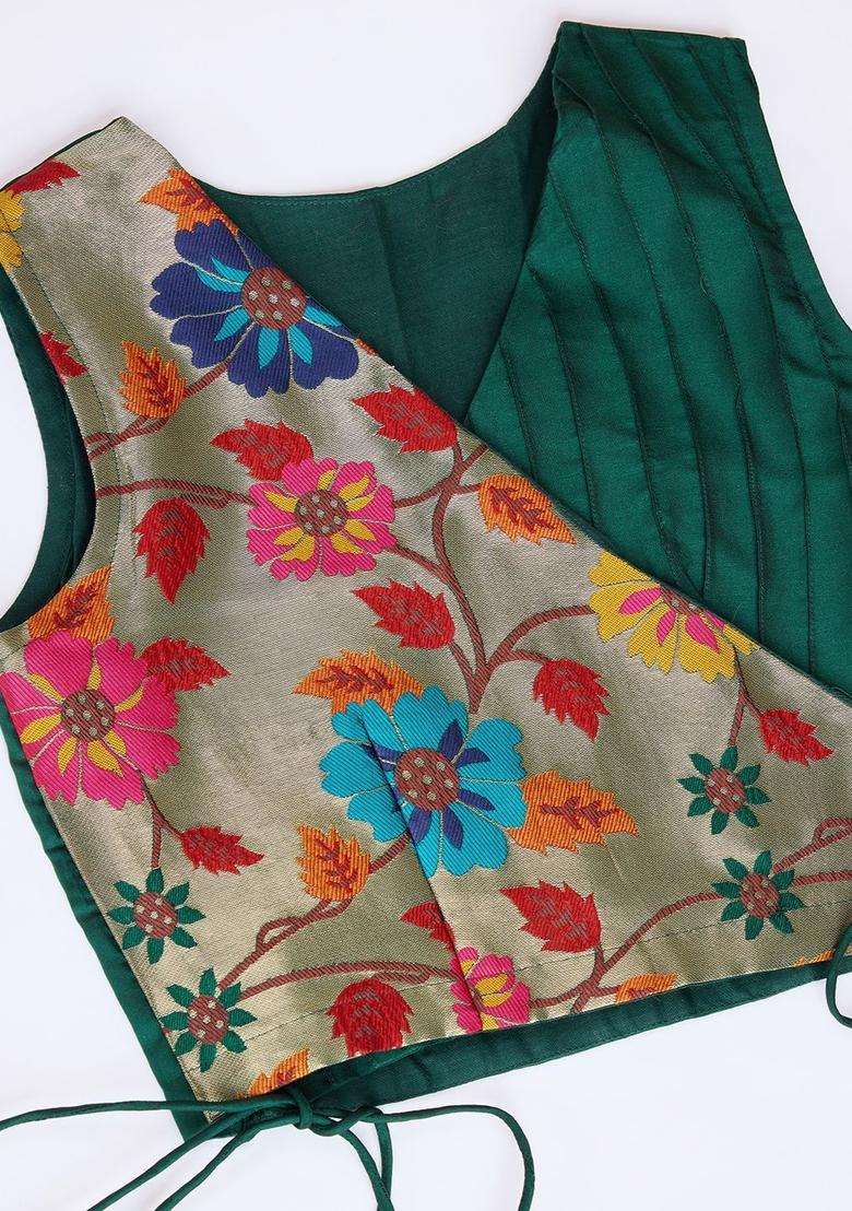 Green Embroidered Silk Lehenga Set For Girls - Indya