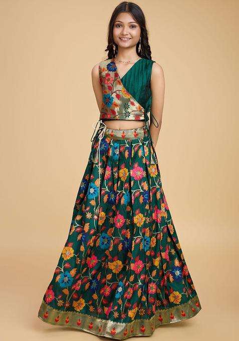 Green Embroidered Silk Lehenga Set For Girls