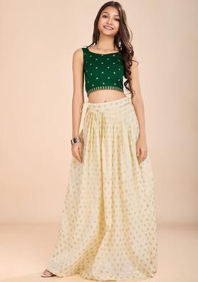 Green Embroidered Silk Lehenga Set For Girls