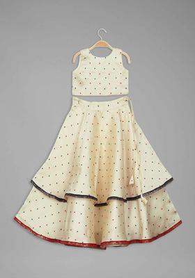 Beige Printed Organza Lehenga Set For Girls