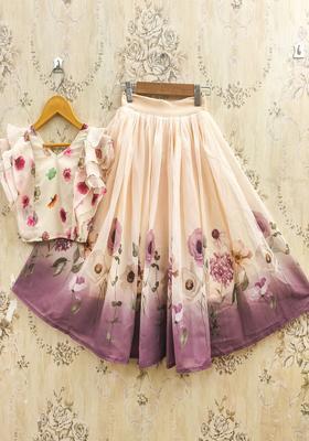 Peach Printed Georgette Lehenga Set For Girls