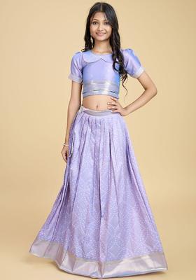 Purple Woven Design Silk Lehenga Set For Girls