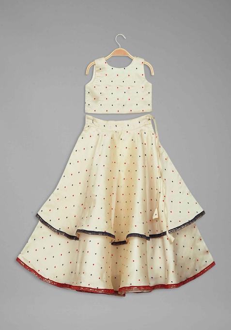 Beige Printed Silk Lehenga Set For Girls — view on Indya