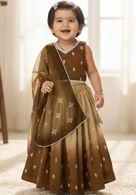 Brown Embroidered Silk Lehenga Set For Girls