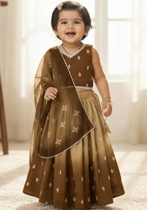Brown Embroidered Silk Lehenga Set For Girls — view on Indya