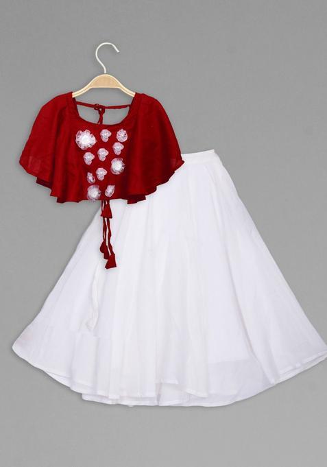 Red Embellished Cotton Lehenga Set For Girls — view on Indya