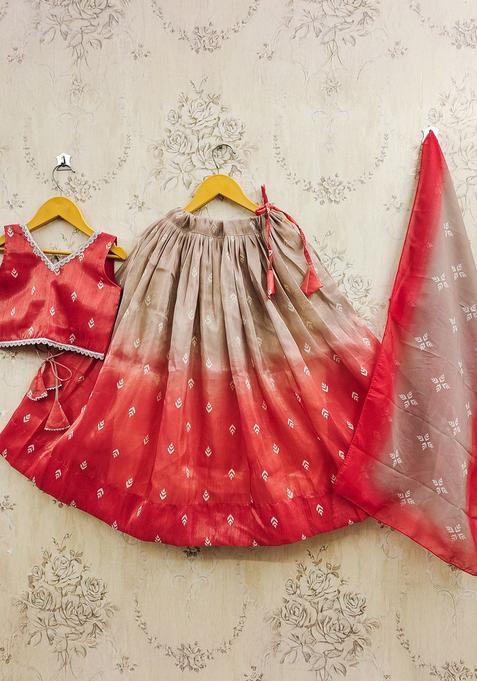 Red Printed Silk Lehenga Set For Girls — view on Indya