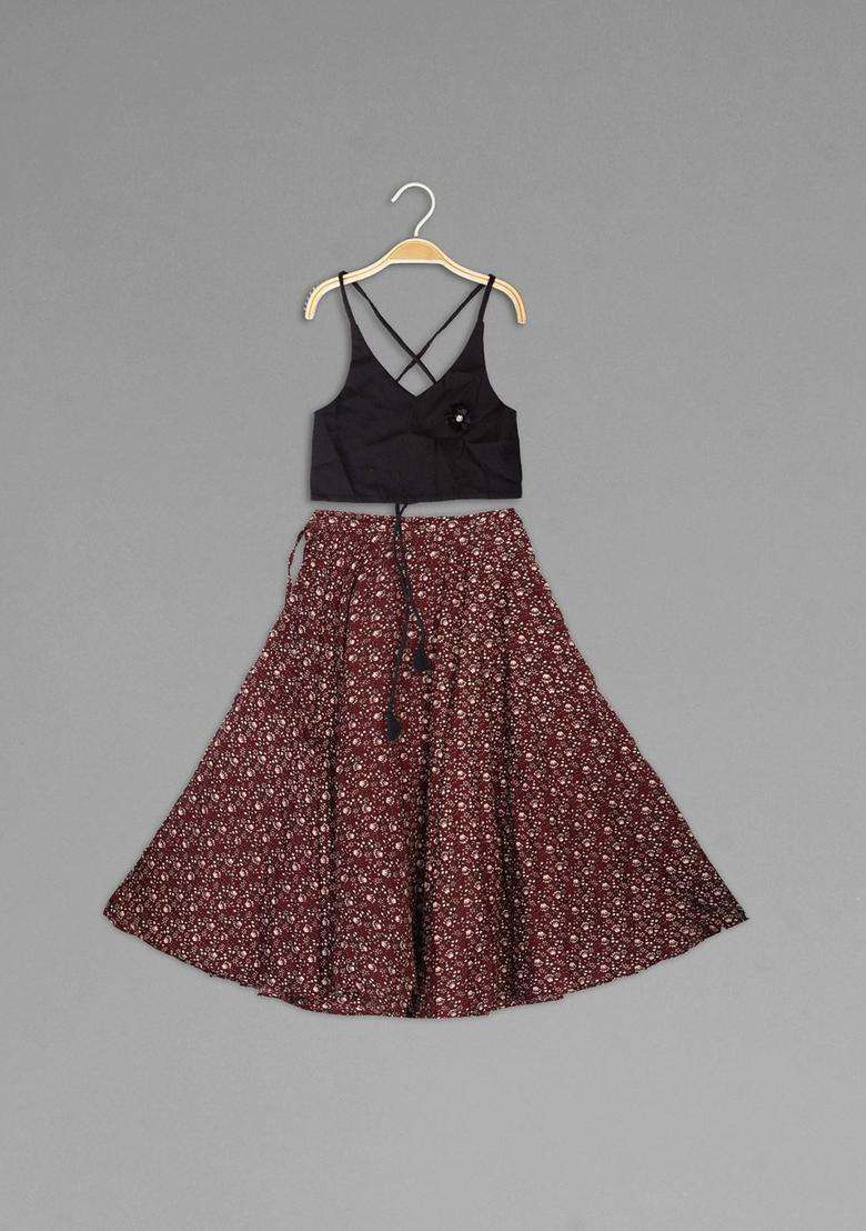 Maroon Solid Viscose Lehenga Set For Girls - Indya